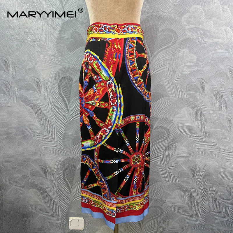 MARYYIMEI Casual Simple Printed Silk Skirt Waist Cover Hip Skirt 2026 Autumn Fashion Women's New Style