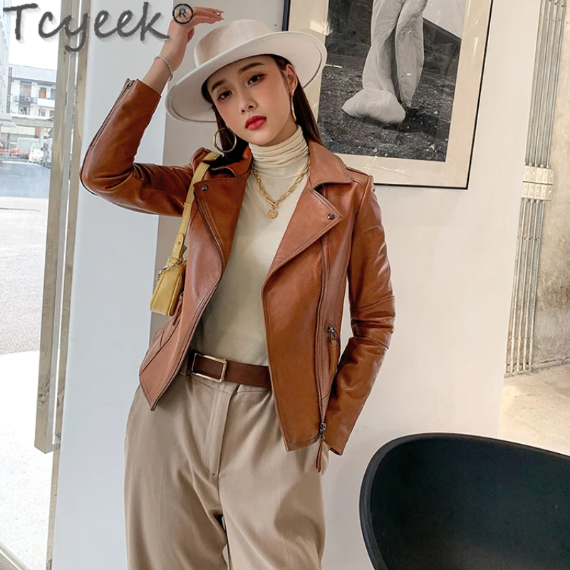 Tcyeek giacca in vera pelle abbigliamento donna cappotto corto primavera autunno pelle di pecora moda giacche moto Jaqueta Feminina Lq519