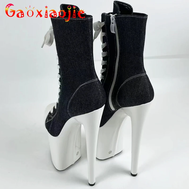 Sexy Woman Boots 20CM Stiletto Heel Closed Round Toe Platform Canvas Sneaker Wear-resisting Pole Dance Ankle Boots Stripper Heel