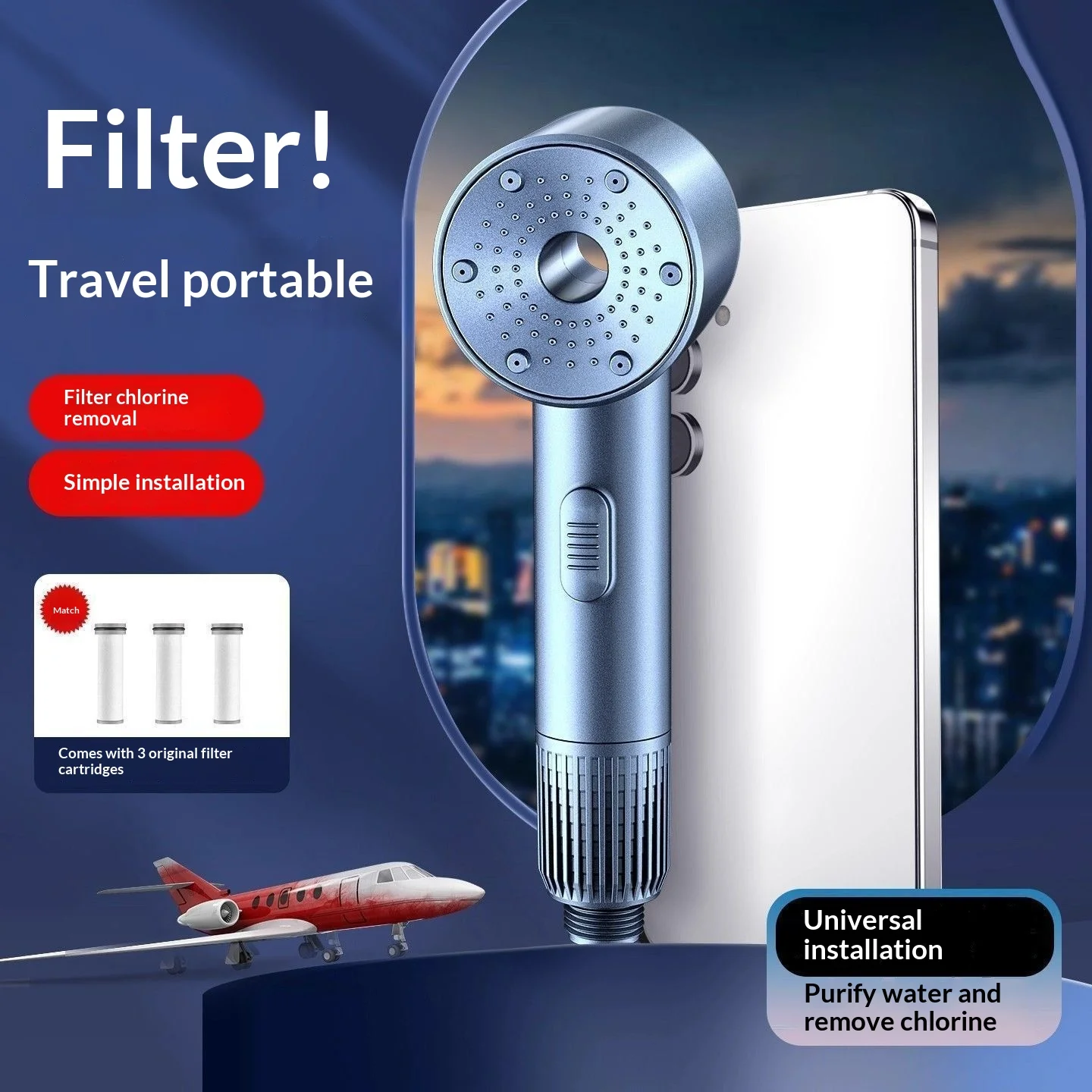 

Travel filter shower head, hotel portable mini shower head, chlorine-removing water purifier filter