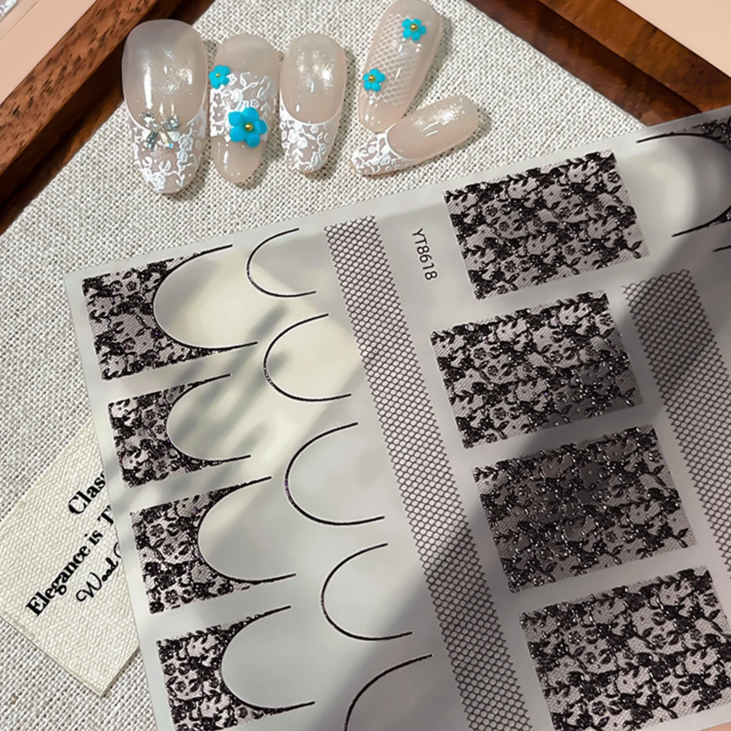 5D French Gentle Nail Stickers Black White Lace Pattern U-shaped Grid Texture Hollow Floral Retro Self-adhesive Nail Art Decals