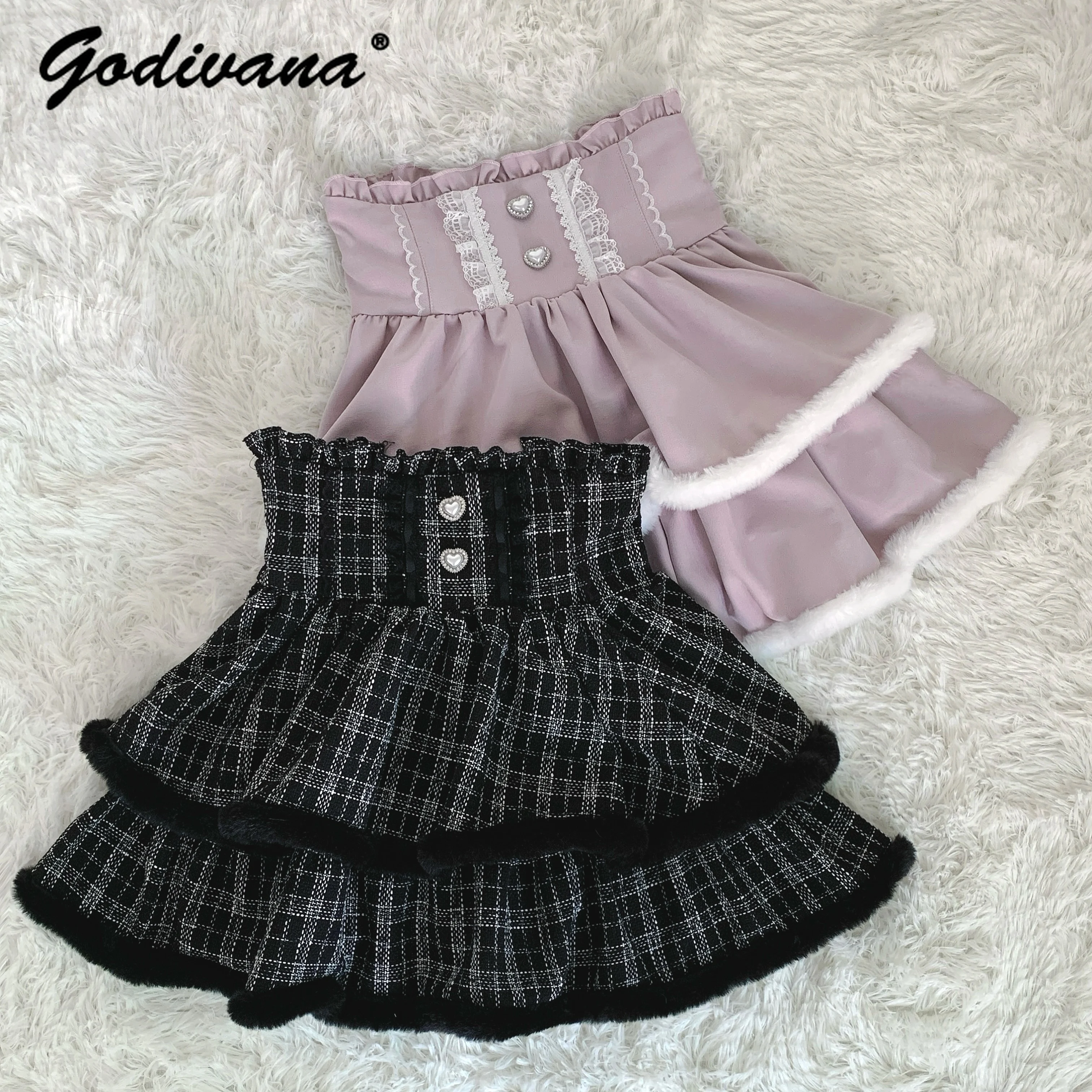 Japonais Mine Production de masse noir rose dentelle peluche Double couche mignon Tutu jupe automne et hiver femmes taille haute jupe courte