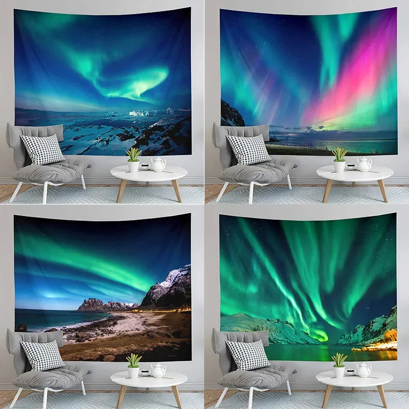 Northern Lights Tapestry Mountain and Sea  Natural Landscape  Living Room Bedroom