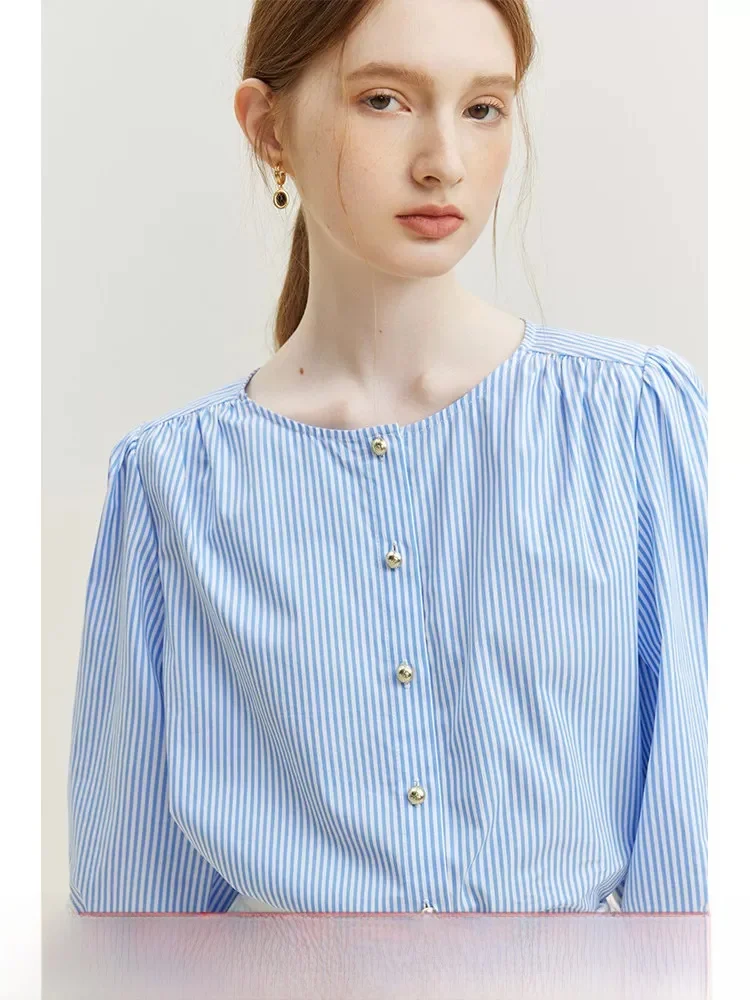 

Elegant round Neck Metal Button Design Striped Shirt Summer Women's Simple Refreshing Short Sleeve Neck Cotton Top