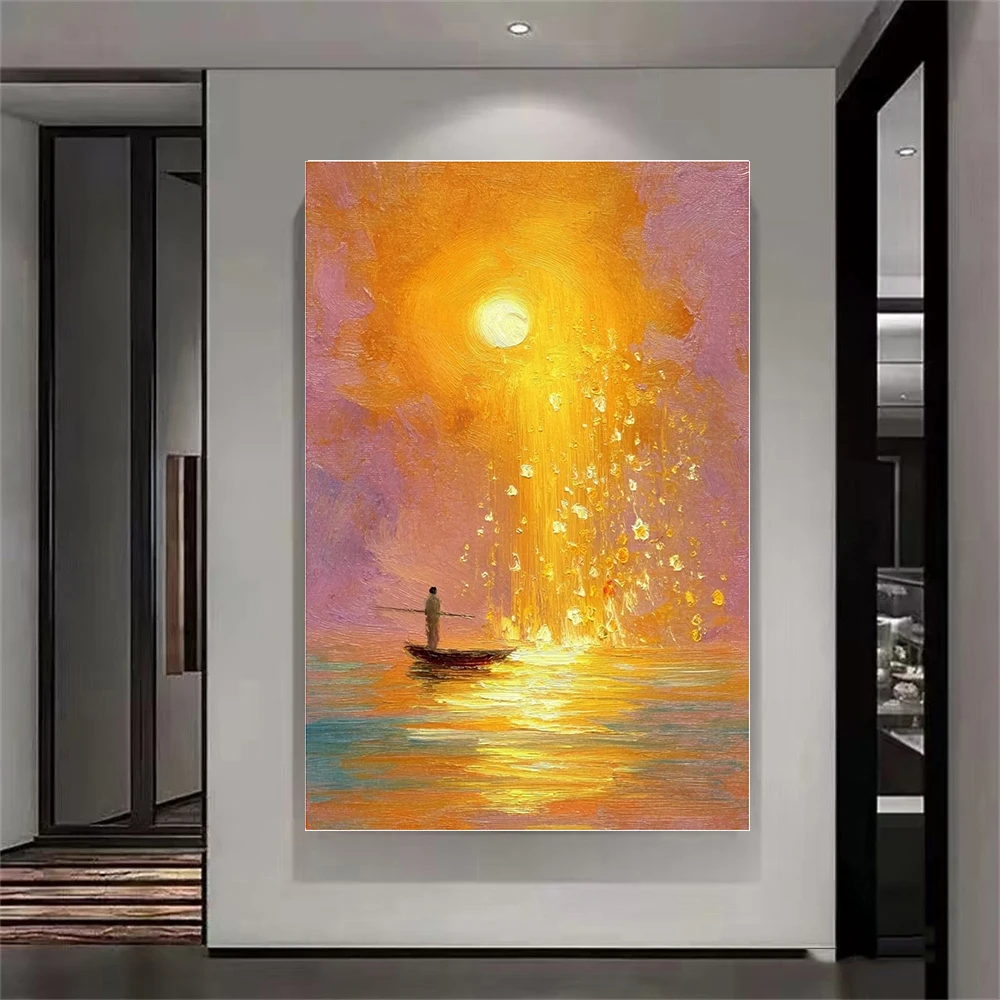 

Ручная роспись маслом: Пейзаж на закате с рыбаками, морской пейзаж в технике импасто, картина на холсте, спокойный океанский декор для гостиной и спальни