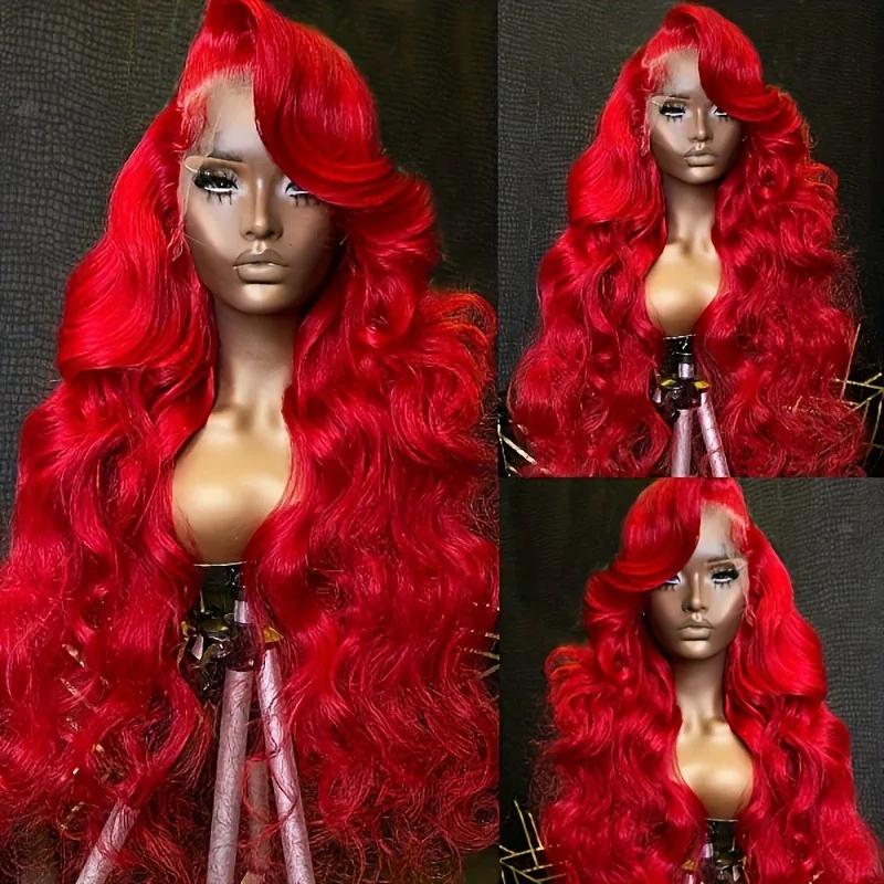 Charisma Red Body Wave synthetische Lace-Front-Perücke für Frauen, vorgezupft, 13 x 4, transparente Spitze-Frontal, leimlose Perücken, Cosplay