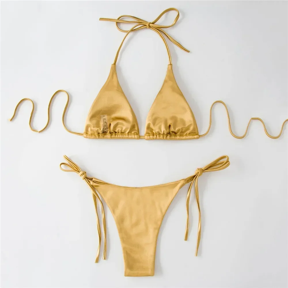 Sexy Gold Micro Thong Bikini Satin Swimwear Triangle Halter Swimsuit String Lace-up Bathing Suit Two Piece Bikinis Set Bathers