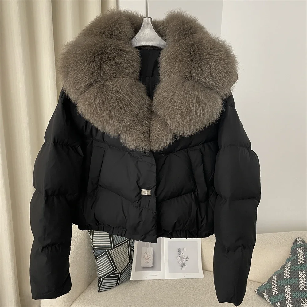 2024 New Winter Jacket Women Big Real Fox Fur Collar Natural Thick Warm Duck Down Coat Short Outerwear Streetwear Loose Casual