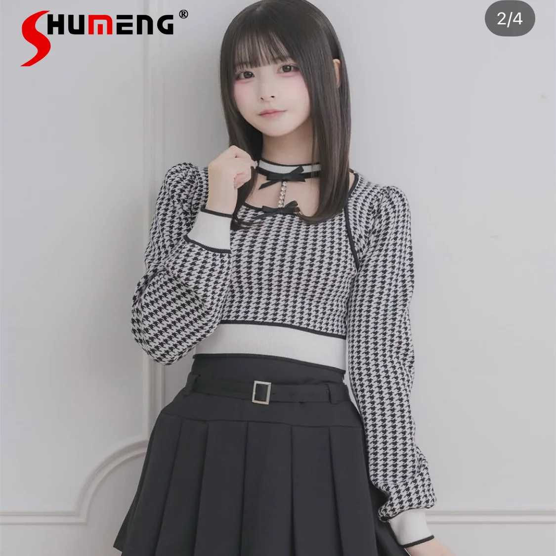 Japanese Style Elegant Sweet Plaid Jacquard Sweater Bow Rhinestone Chain Hollow Collar Long Sleeve Knitted Pullovers for Women