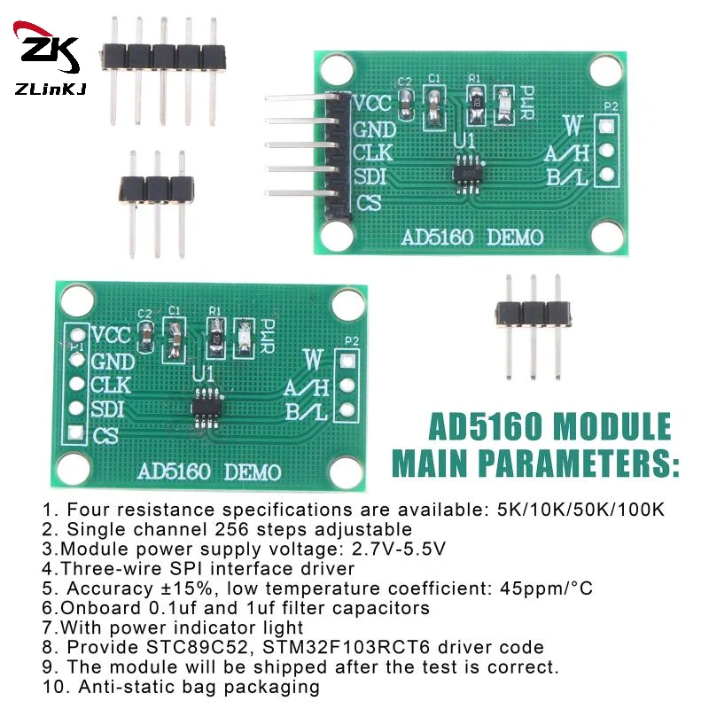 (ZYDD01) 1Pcs AD5160 Digital Potentiometer Module Potentiometer AD5160 5K/10K/50K/100K 256-step Adjustable