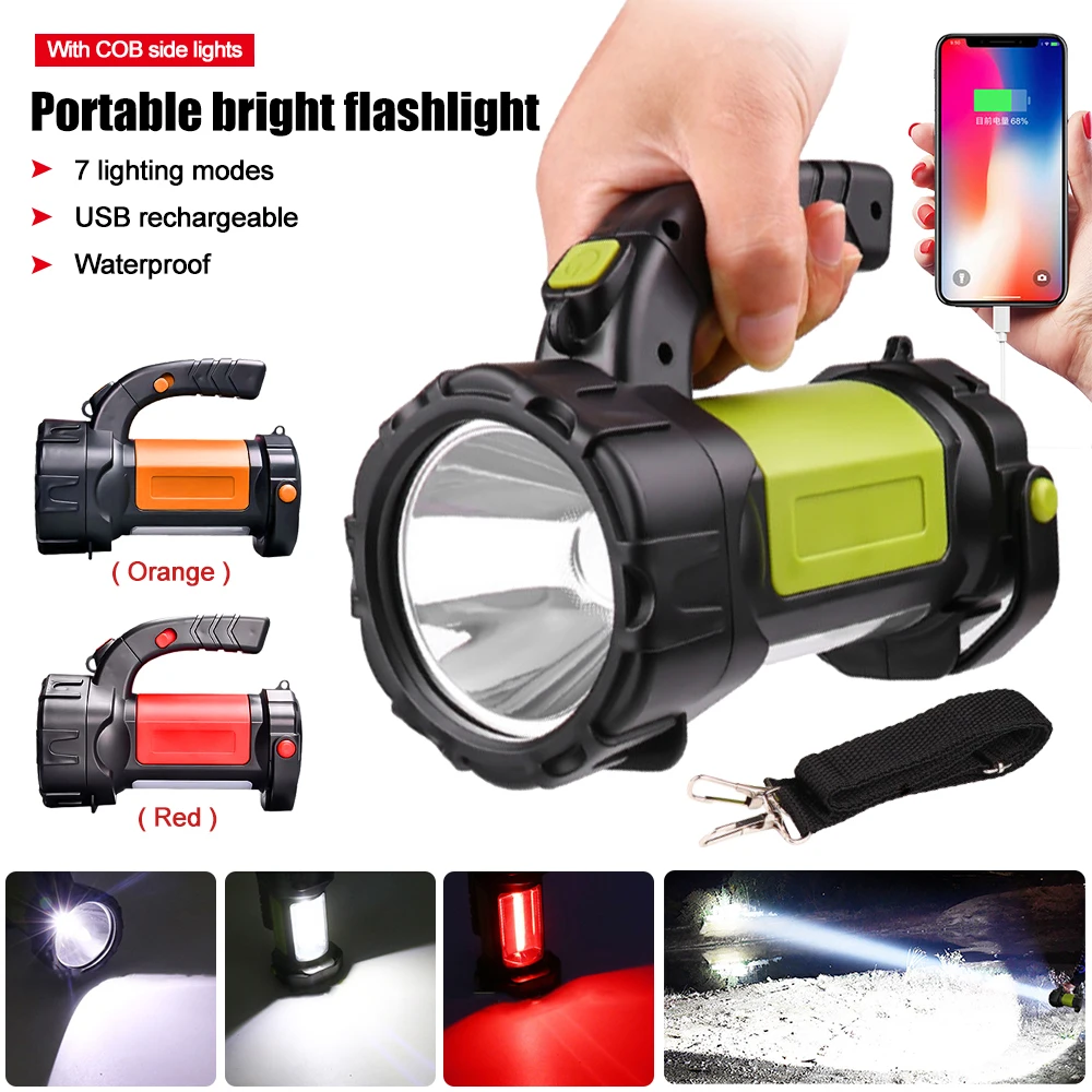 

Waterproof LED Searchlight 7 Modes USB Rechargeable Flashlight with COB Side Light Powerful Spotlight Handheld Camping Torch