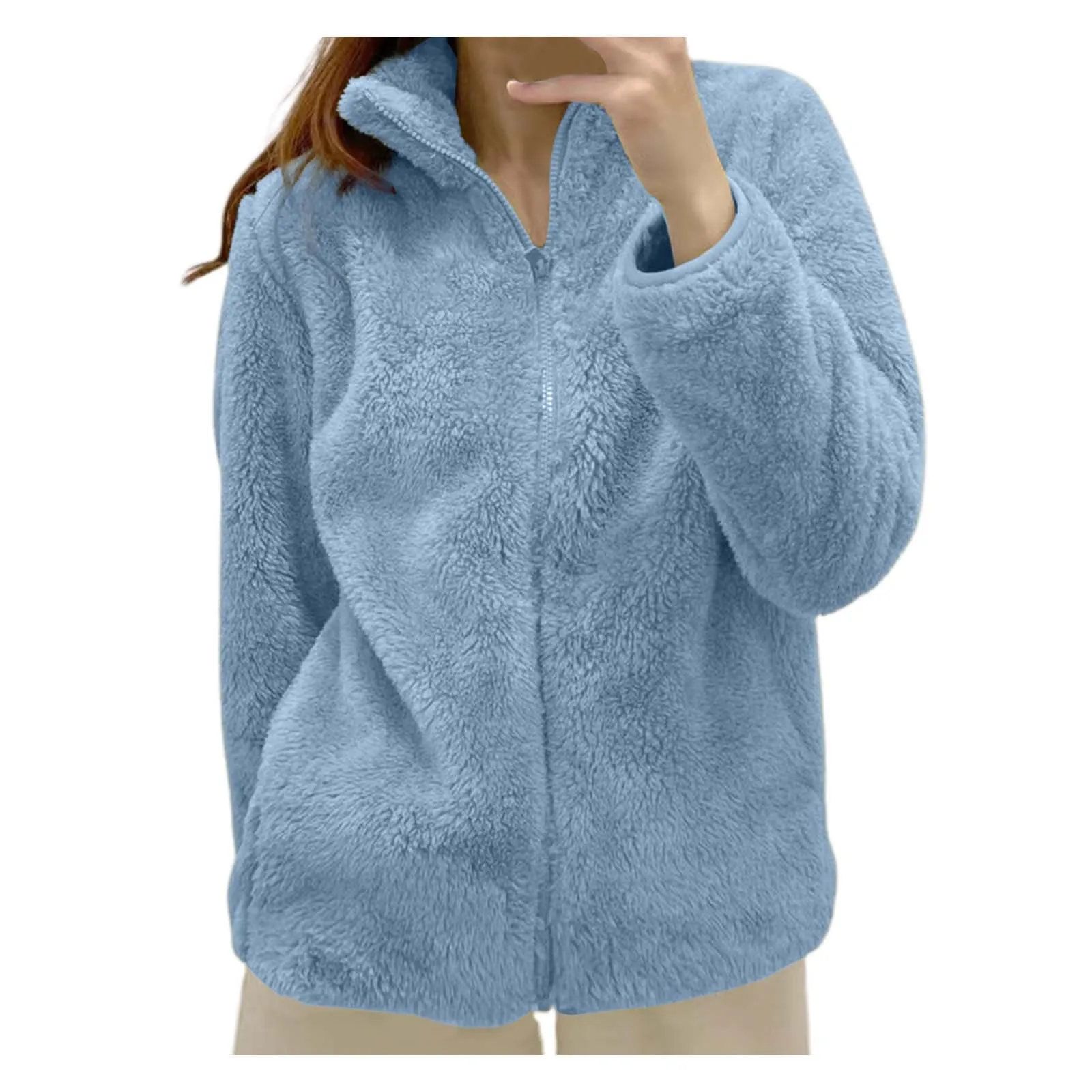 Chaqueta de lana acogedora con cuello levantado para mujer, ropa de abrigo sencilla de Color sólido, cremallera holgada, cómoda e informal con cremallera