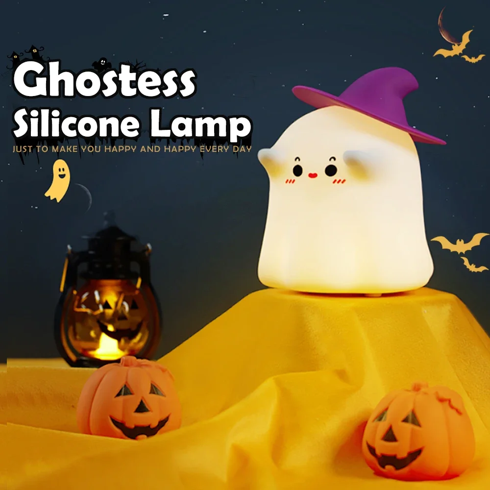 

Funny Ghost LED Night Light Dimmable Rechargeable Nursery Nightlights Silicone Beside Touch Lamp for Kids Room Halloween Decor