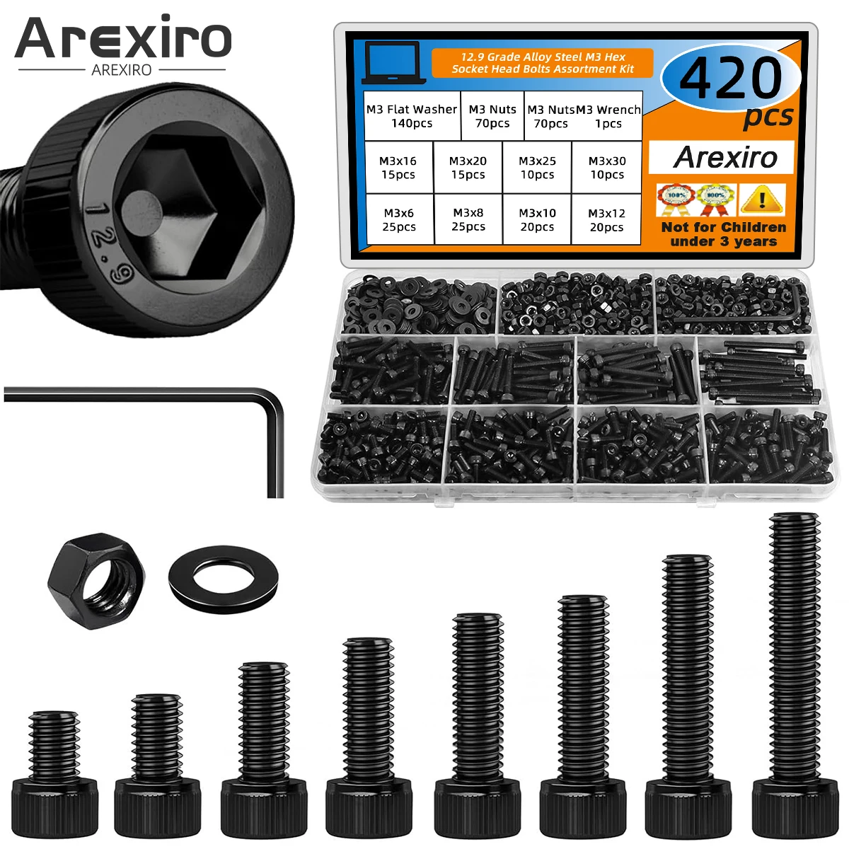 

420PCS 12.9 Alloy Steel M3x6/8/10/12/16/20/25/30mm Hexagonal Socket Head Bolt Nut and Washer Combination Kit