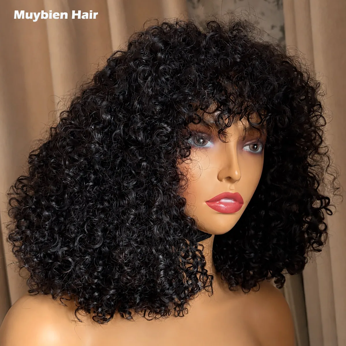 Machine Made None Lace Kinky Curly Fringe Wig 100% Human Hair Black Deep Curls Bangs Wig for Woman Human Hair Pixie Curls Wigs
