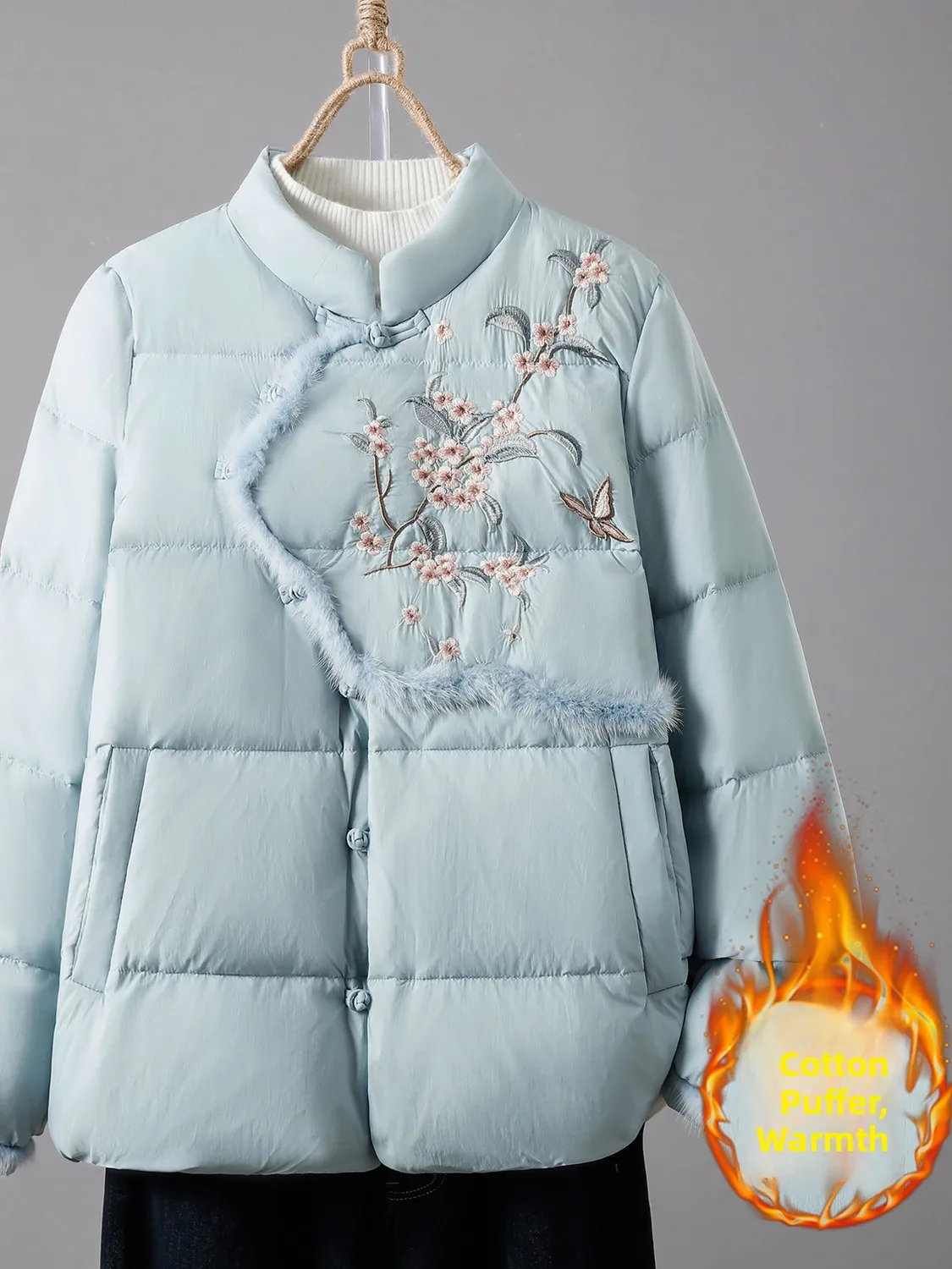 

New Chinese Sle Embroidered Fur Patchwork Cotton Jaet Stand Collar Long Sve Warmth Faionable Button up Top