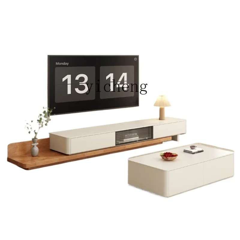 

ZK TV cabinet coffee table combination modern simple living room household floor cabinet solid wood retractable TV cabinet