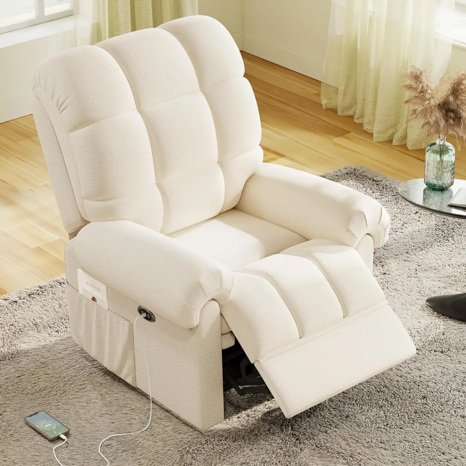 Adjustable Electric Recliner Power Recliner, USB Port, Ultra-Comfy Teddy Fleece Recliner for Living Room