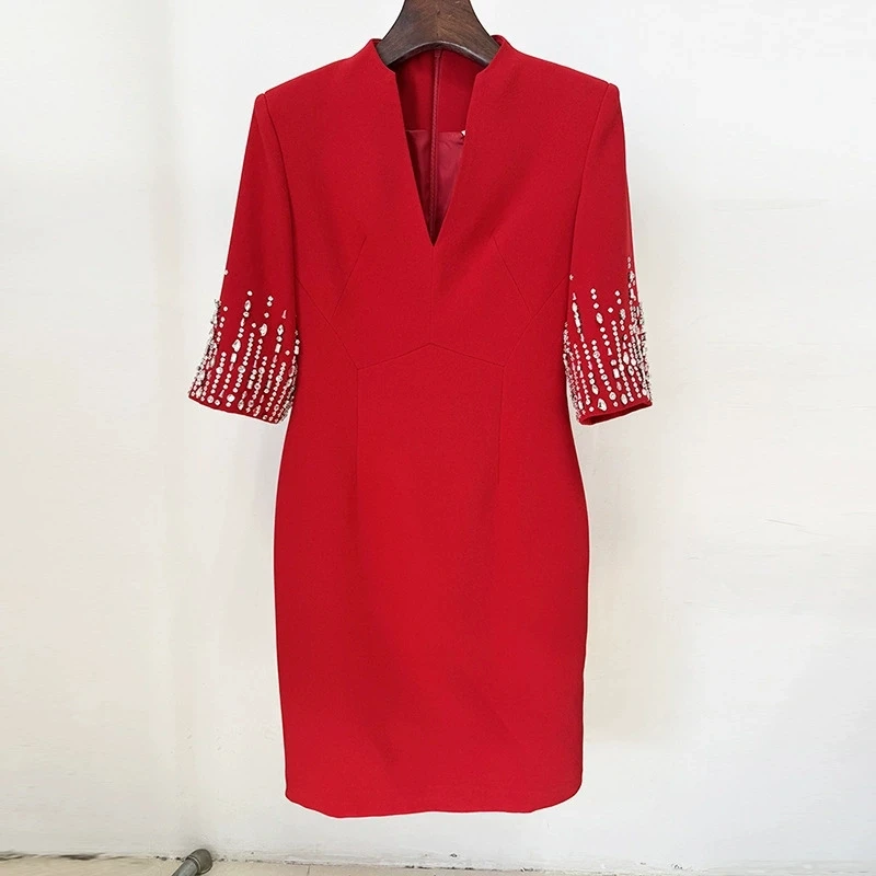 

Fashion Commuter Spring/Summer New Heavy Industry Nail Bead Diamond Set Mid Sleeve V-Neck Knee Length Dress Small Dress