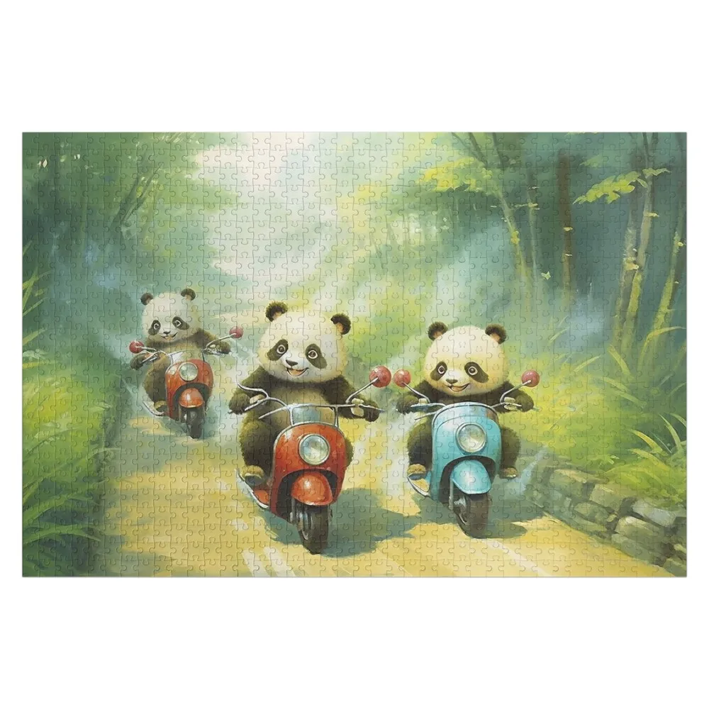 Panda friends biking in the forest Jigsaw Puzzle Wood Photo Personalized Baby Wooden Toddler Toys Puzzle