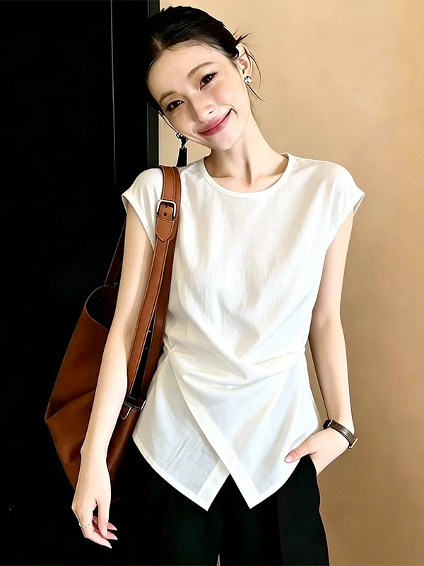 

Slimming Effect Korean Design plus Size Shirt Women's Fashion Summer New Pure Color Lazy Feeling Top Breathable Skin-Friendly