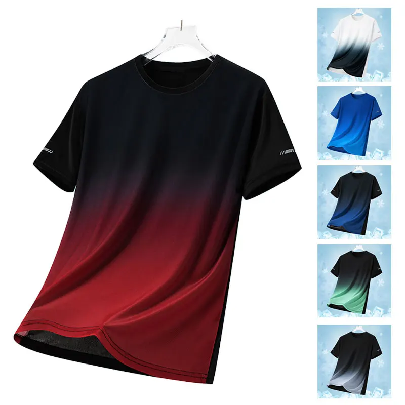 Outdoor-Sport, kurzärmelig, Eisseide, atmungsaktiv, bequem, Farbverlauf, Rundhalsausschnitt, Laufen, Sport, Fitness, Radfahren, Sport-T-Shirt