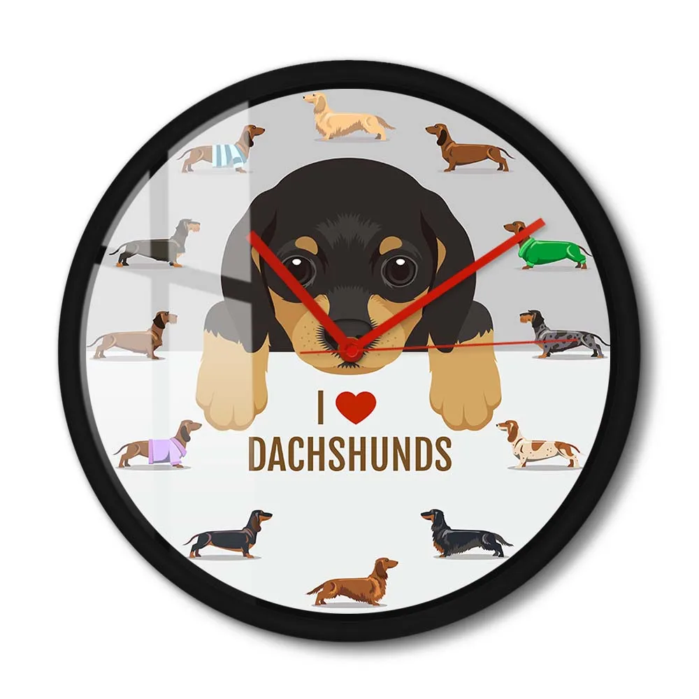 Puppy Dogs Dachshund Wall Clock with Metal Frame Modern Cartoon Sausage Dog Silent Wall Watch Dog Pet Owner Doxie Art Home Décor