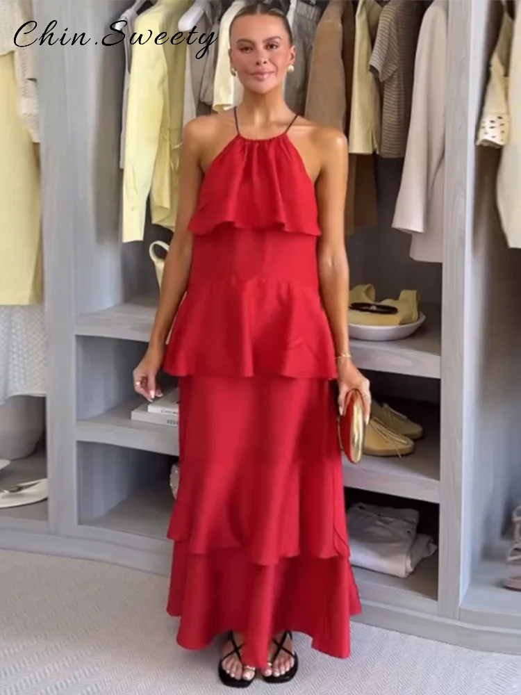 Elegante halter em camadas plissado vestido longo feminino sólido solto sem mangas rendas até vestidos 2025 verão senhora praia férias roupas