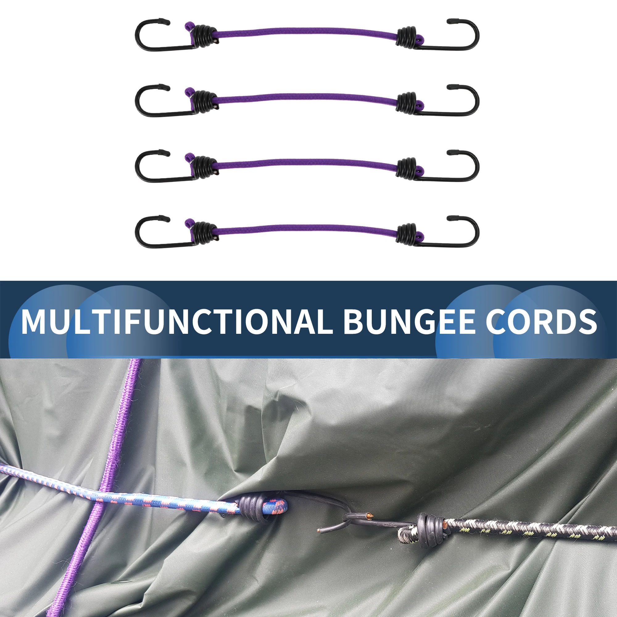 X Autohaux Bungee Cords with Hooks 30cm Adjustable Bungee Cords w/ Buckle Purple 4 Pcs