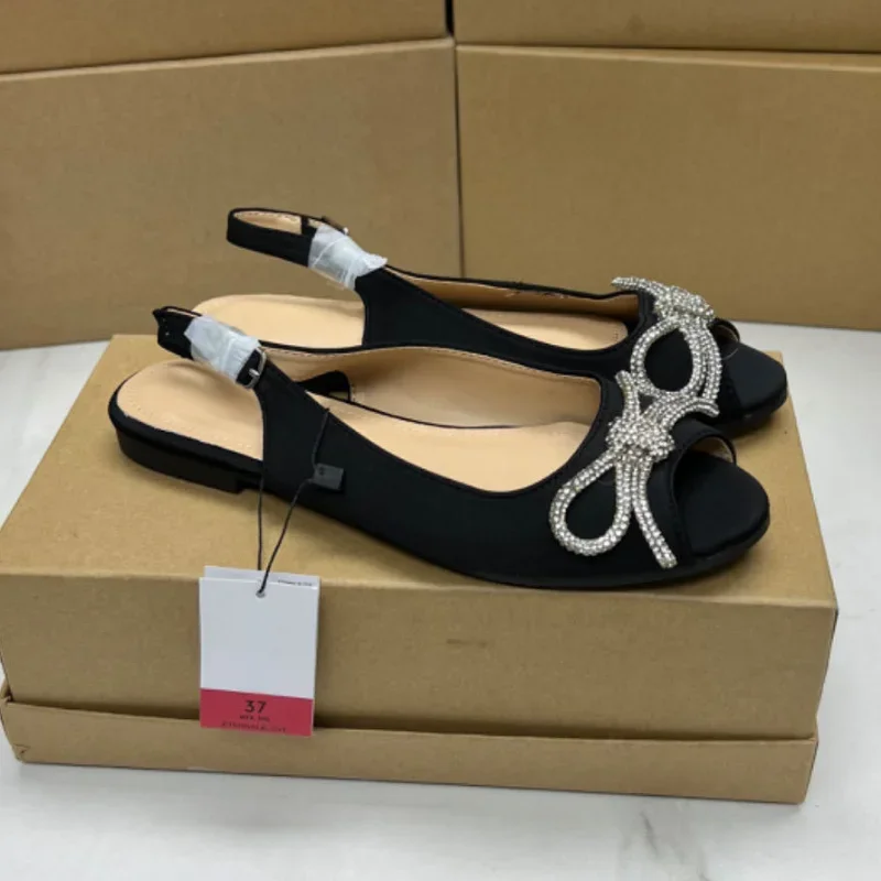 2025 primavera zapatos planos para mujer Casual Peep Toe talla grande cómodos Slingbacks suela suave lazo de cristal sólido calzado femenino