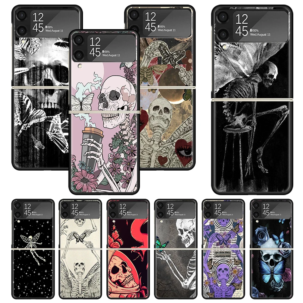 Retro Skull Butterfly Print Case For Samsung Galaxy Z Flip 3 4 5 6 5G Phone Shell ZFlip6 Flip5 Flip4 Flip3 Pattern Black Hard Co