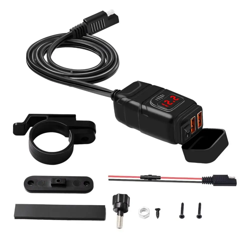 Motocicleta Carregamento Rápido Carregador Dual USB, Adaptador de energia com voltímetro, QC3.0