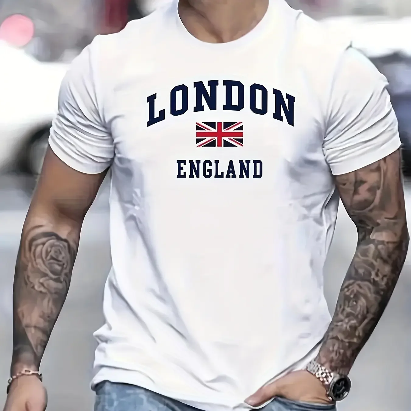 

Summer Men's Pure Cotton Casual Fit Plus Size London England Pattern Printed Round Neck Short Sleeved T-shirt Top