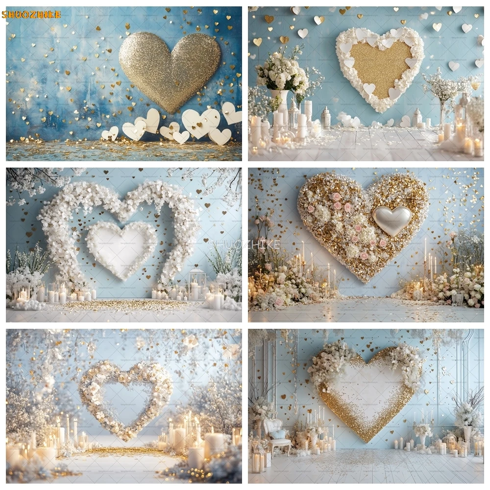 

February 14th Valentine's Day Blue Gold Heart Shaped Children Adult Birthday Party Decoration Background Photo Studio Props