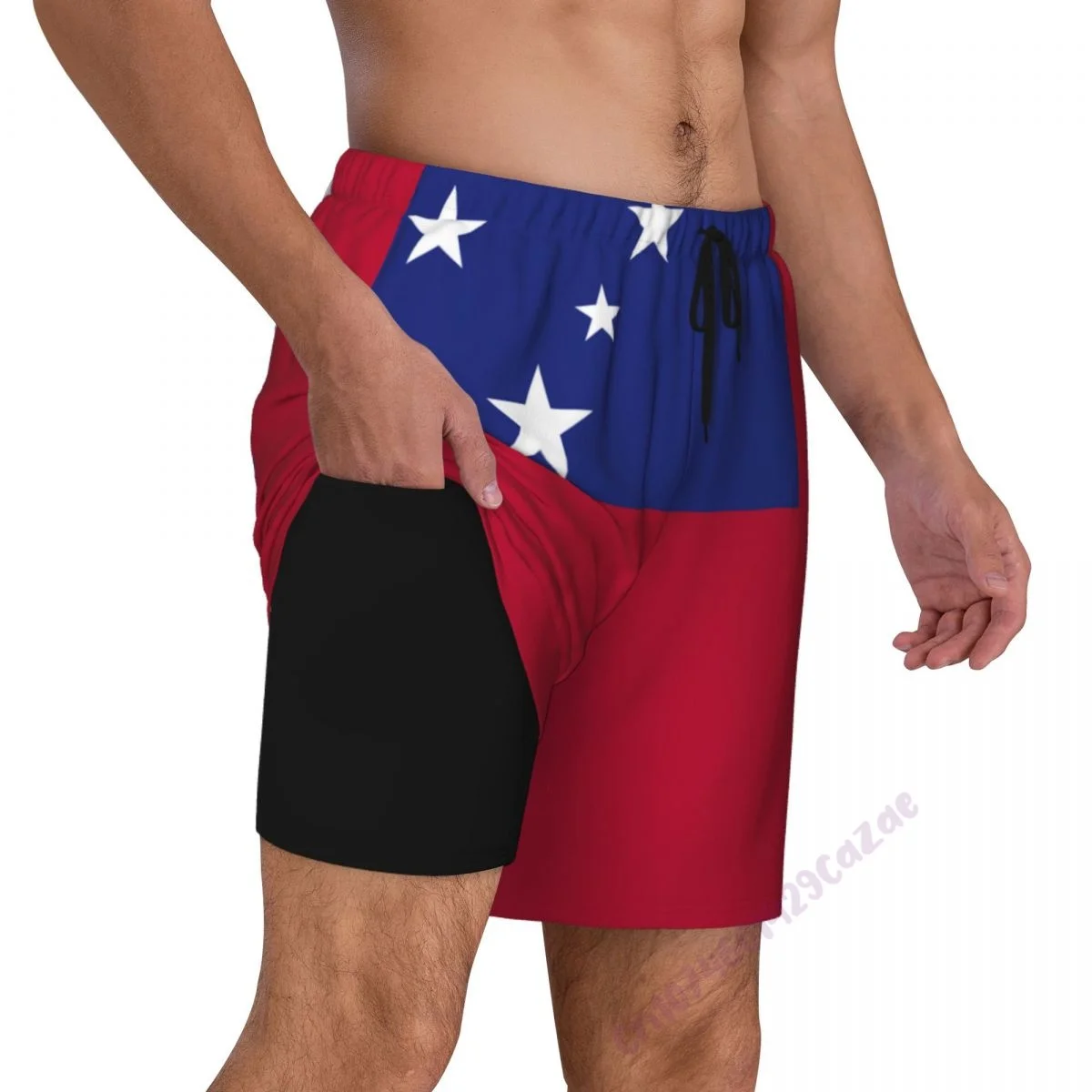 Samoa Flag 3D Mens Swimming Trunks With Compression Liner 2 in 1 Quick-Dry Summer Swim Shorts With Pockets