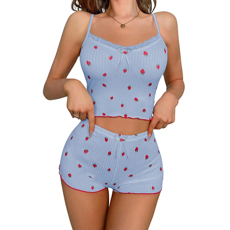 

Women's Strawberry Print 2-Piece Sleepwear Set Camisole Shorts Bow Decoration Elegant and Sexy Home Set