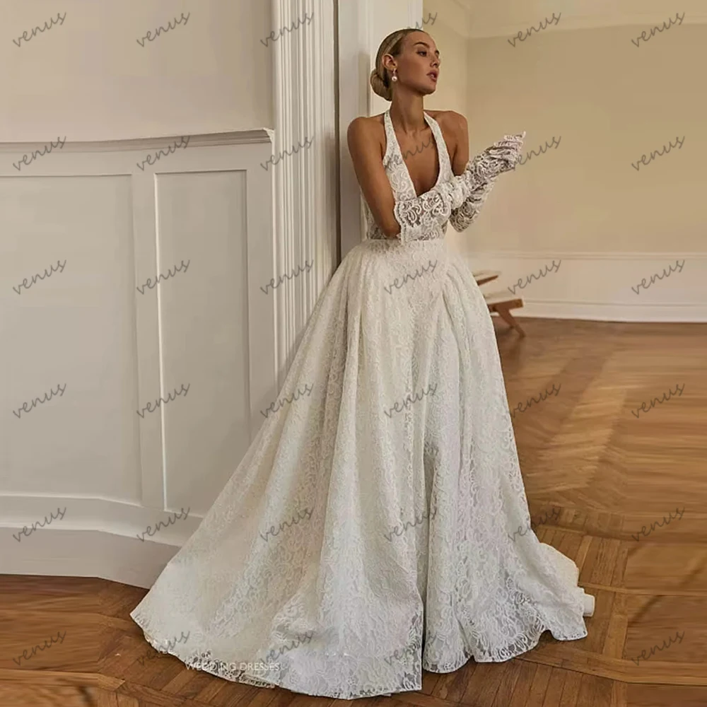 

Glamorous Wedding Dresses A Line Lace Bridal Gowns Sleeveless Deep V Neck Robes Charming Backless Customized Vestidos De Novia