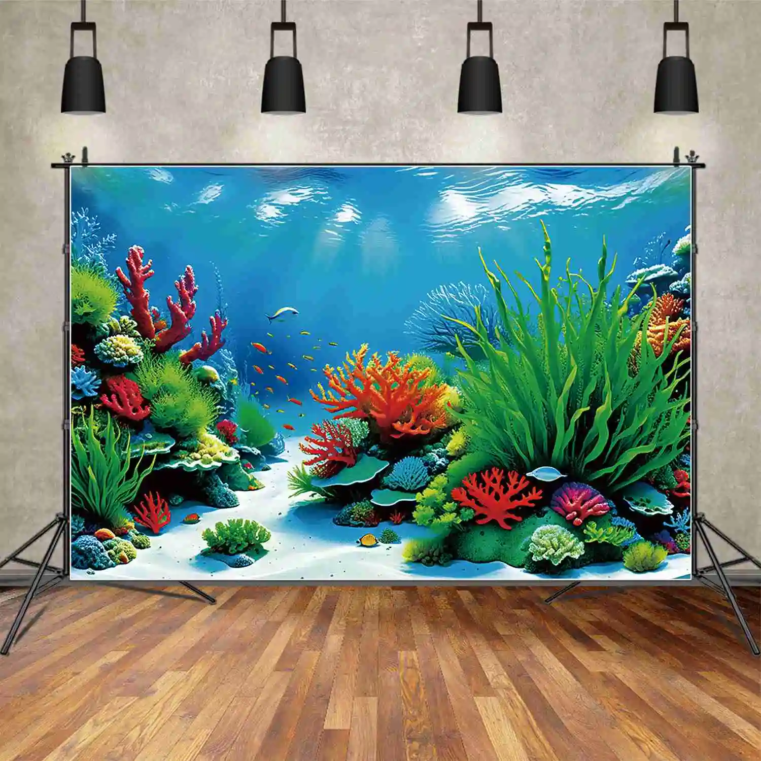 

MOON.QG Seabed Picture Aquarium Backdrops Children's Sand Coral Sea Grass Background Customized Party Decoration Photocall Props