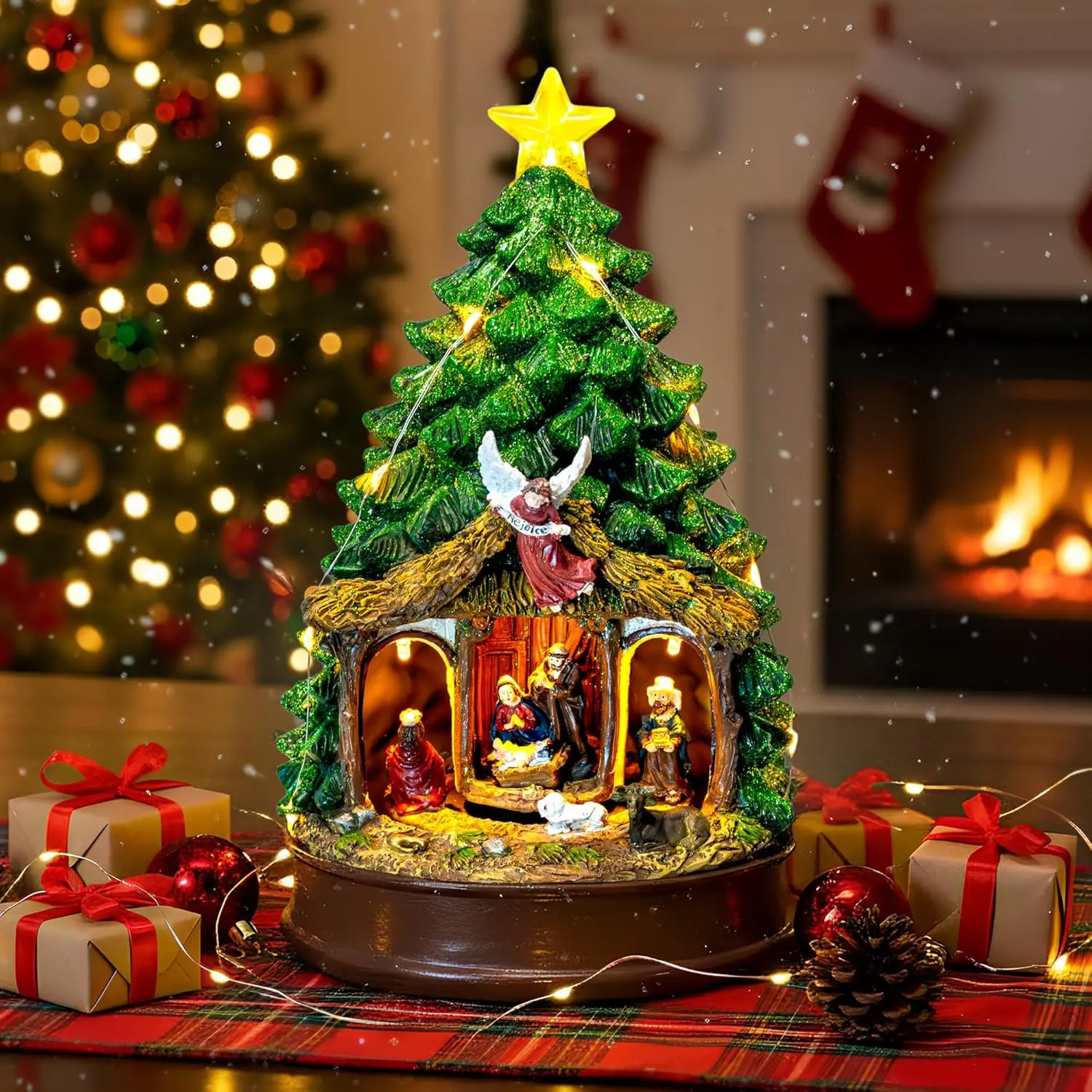 Rotating Nativity Scene Christmas Tree with LED Lights, Music, and Angel Figurines for Tabletop Decor