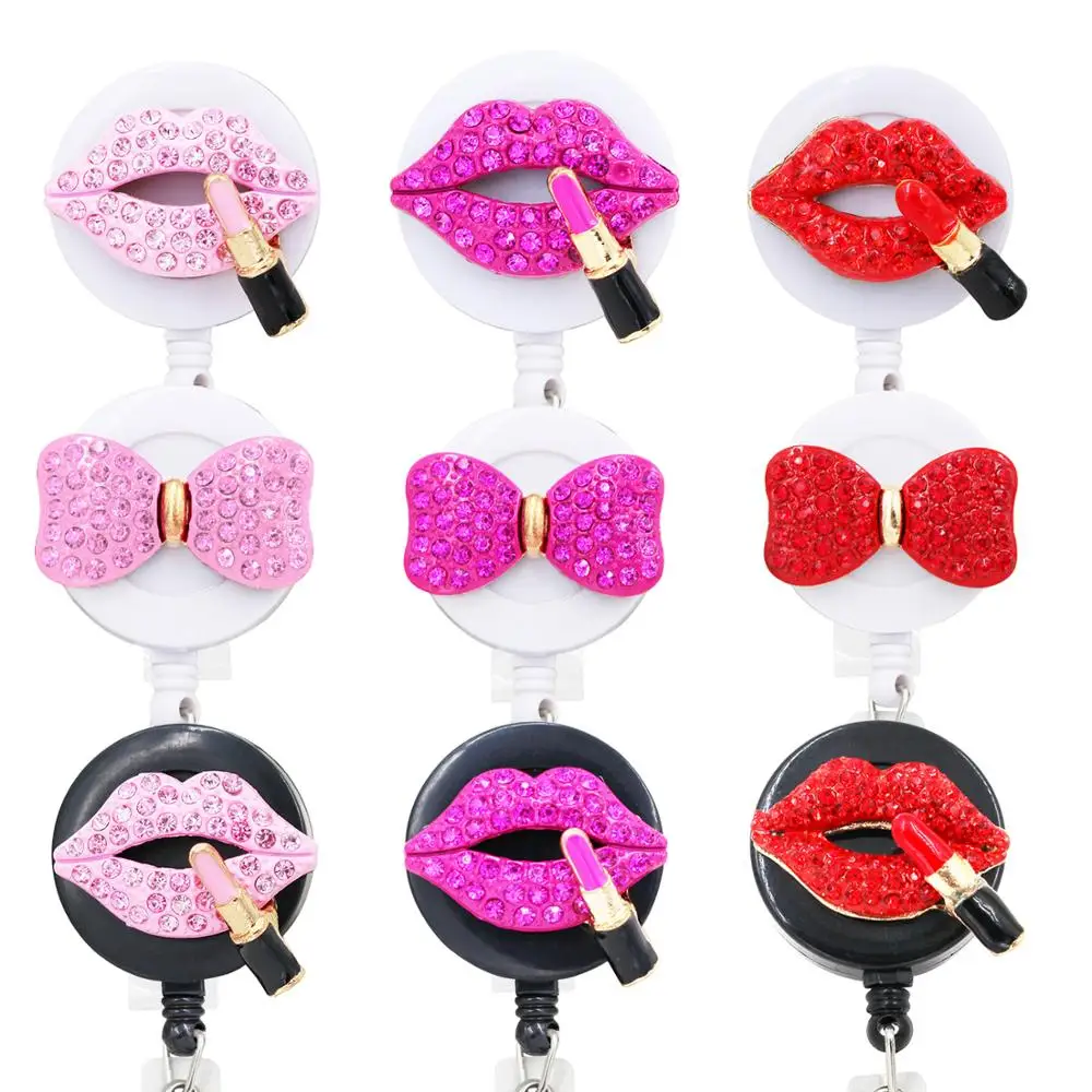 

idclip 1PC Pink Kiss Retractable Badge Holder with Alligator Clip Retractable Cord ID Badge Reel Rose Bow