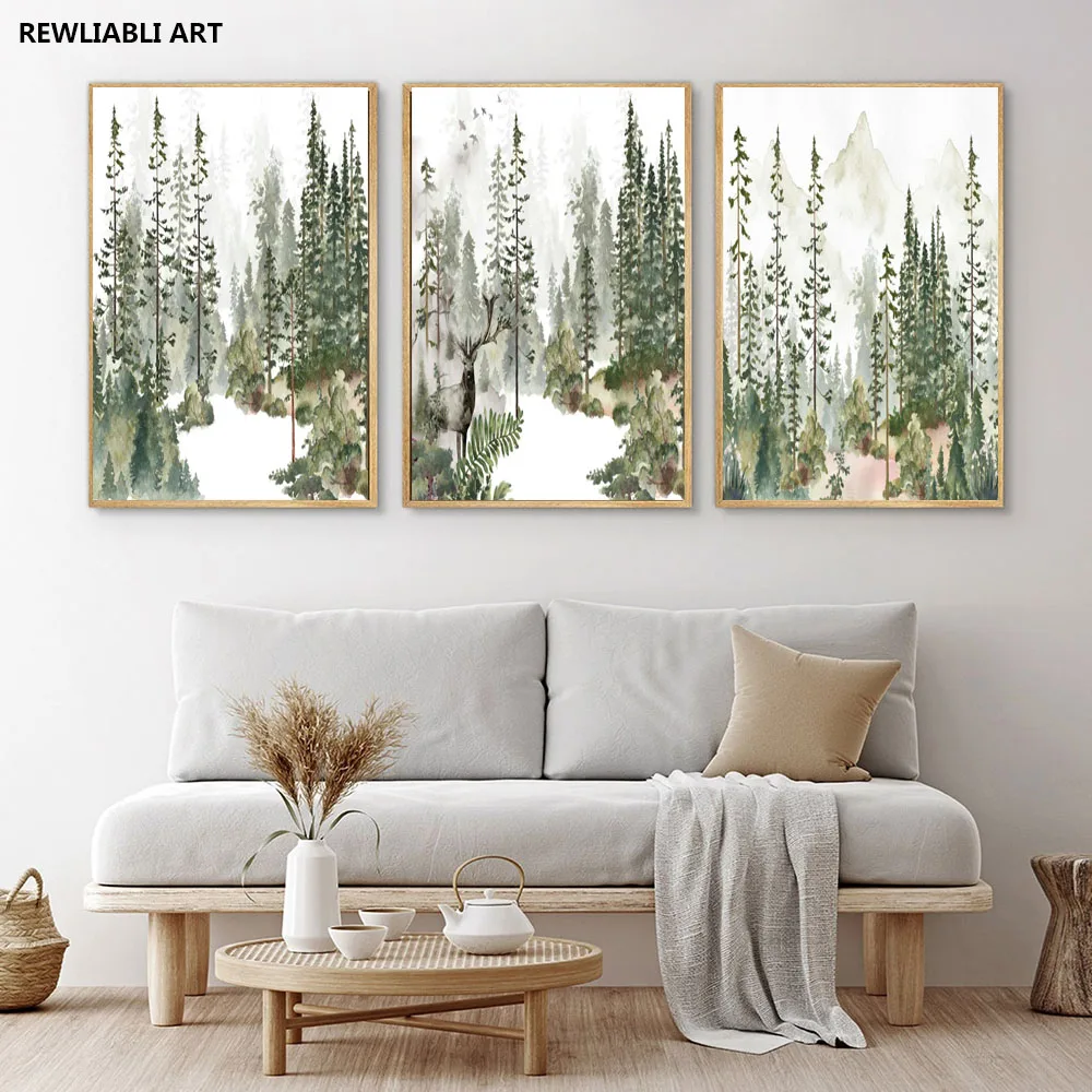 Green Forest Mountain  Landscape Poster Prints Canvas Painting Minimalist Modern Art Wall Woodland Nursery Room Decor Cuadros