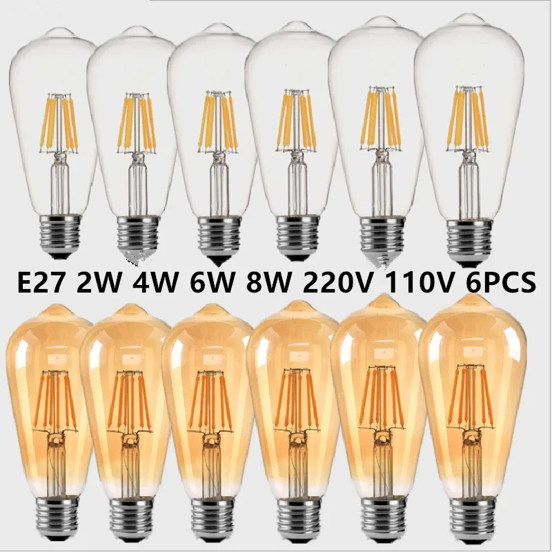 Lâmpada de Filamento de Ouro Regulável, Luz LED, Lâmpada Edison Vintage, Aparência do Vidro Retro, ST64, DC 220V, 110V, 2W, 4W, 6W, 8W, E27, b22, PCes 6