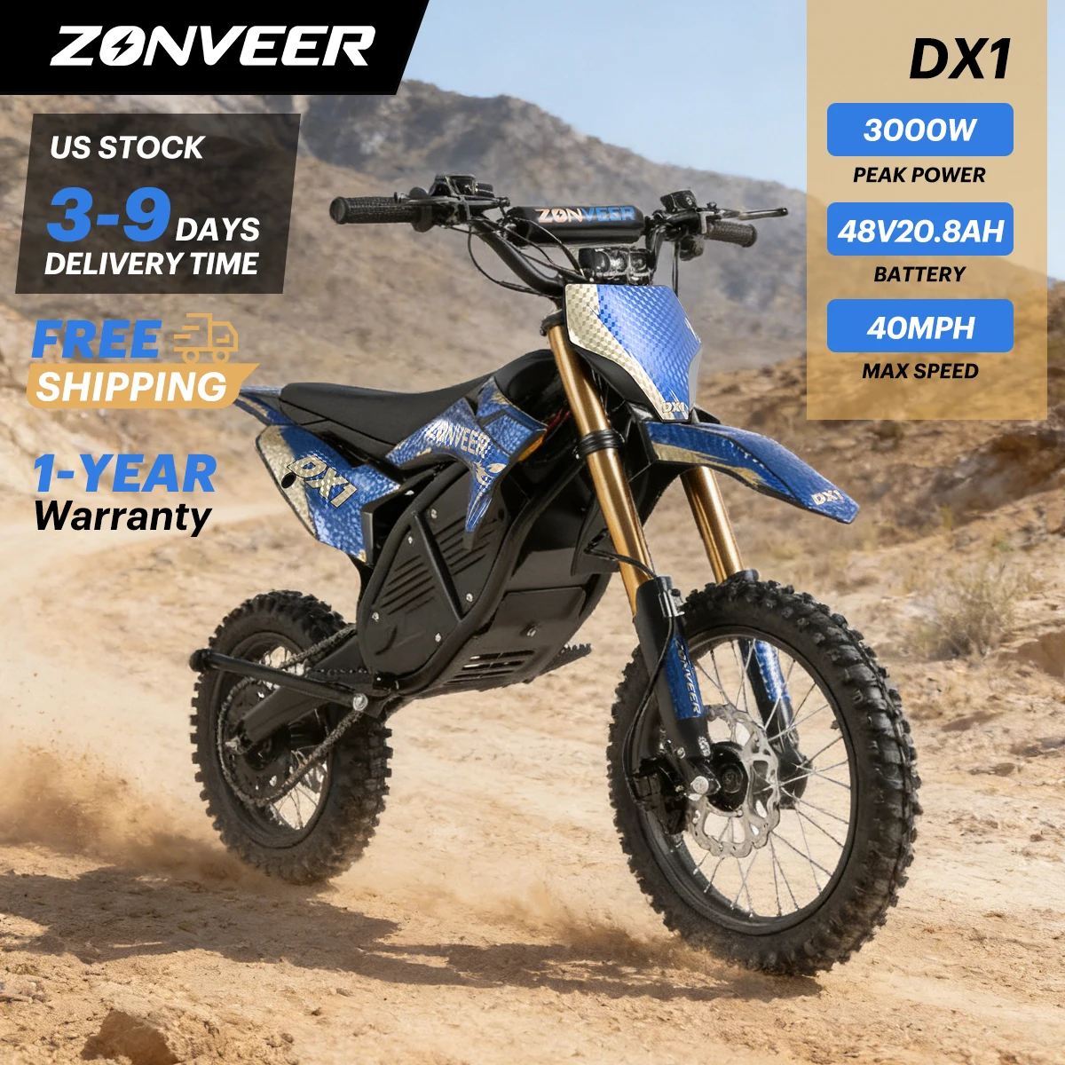 

Электрический мотоцикл ZONVEER DX1 3000W, 48V 20.8Ah, для взрослых, скорость до 65 км/ч, внедорожный электромотоцикл