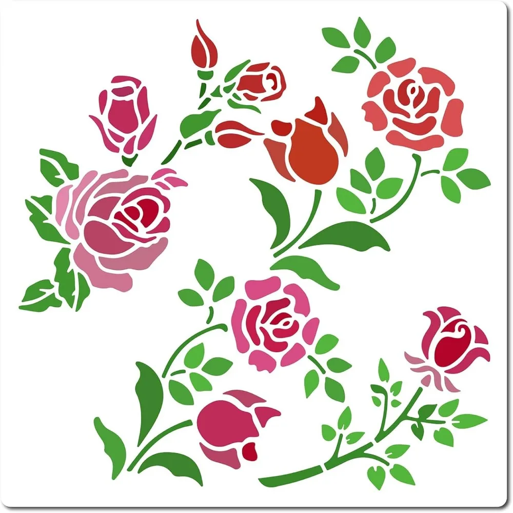 Rose Flowers Stencil 18x18cm Floral Bud Vine Branch Leaves Pattern Templates Reusable Square Plastic Painting making kit