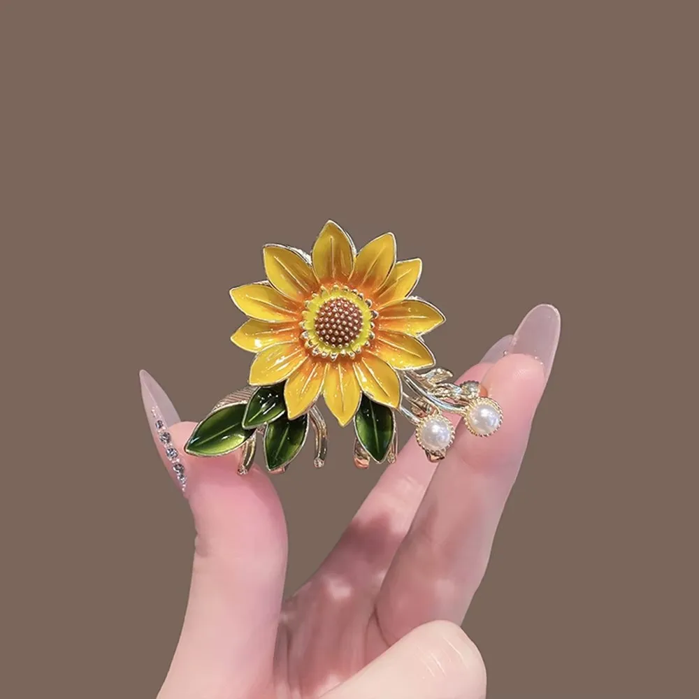 Gold Tone Sunflower Hair Clip with Enamel Petals and Pearl Accents Women Girls Hair Accessory for Updo Side Bangs Daily Wear