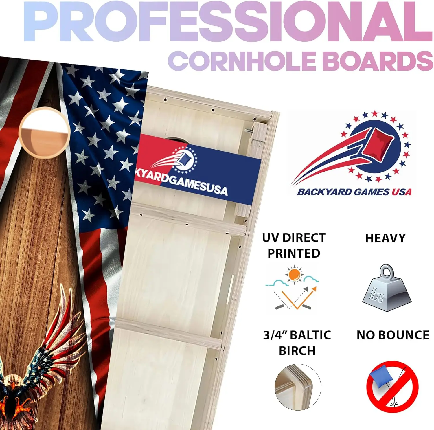 Pro Cornhole Boards Set | Made in USA | 3/4 Baltic Birch | No Bounce Triple Thick Legs  Two Brace & Handles,