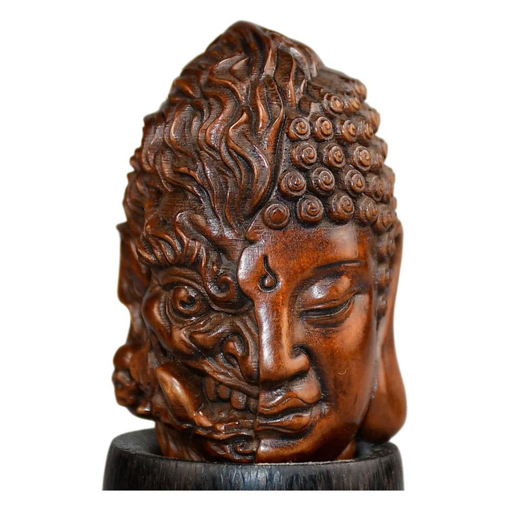 Sculpture sur bois, artisanat d'art à domicile, pendentif bouddha démon double visage en bois sculpté, spirituel, une pensée, illumination, pleine conscience
