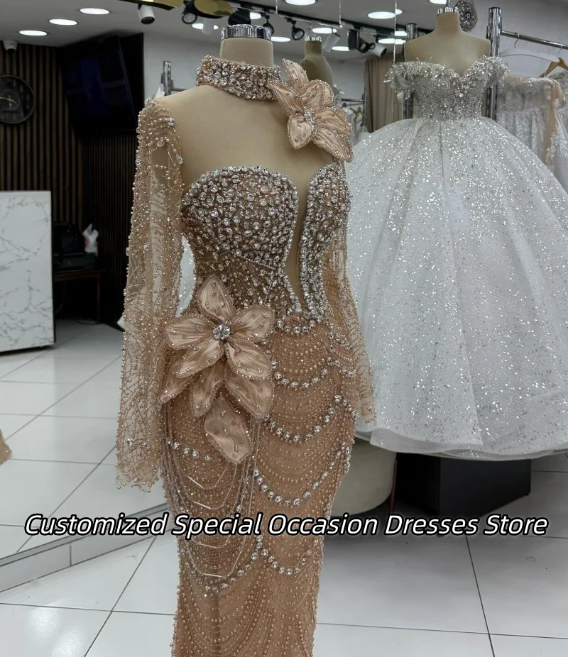 فساتين سهرة مخصصة من الكريستال الشامبانيا للنساء رائعة مصنوعة يدويًا من الزهور لحفلات الزفاف فستان طويل حورية البحر للحفلات الراقصة