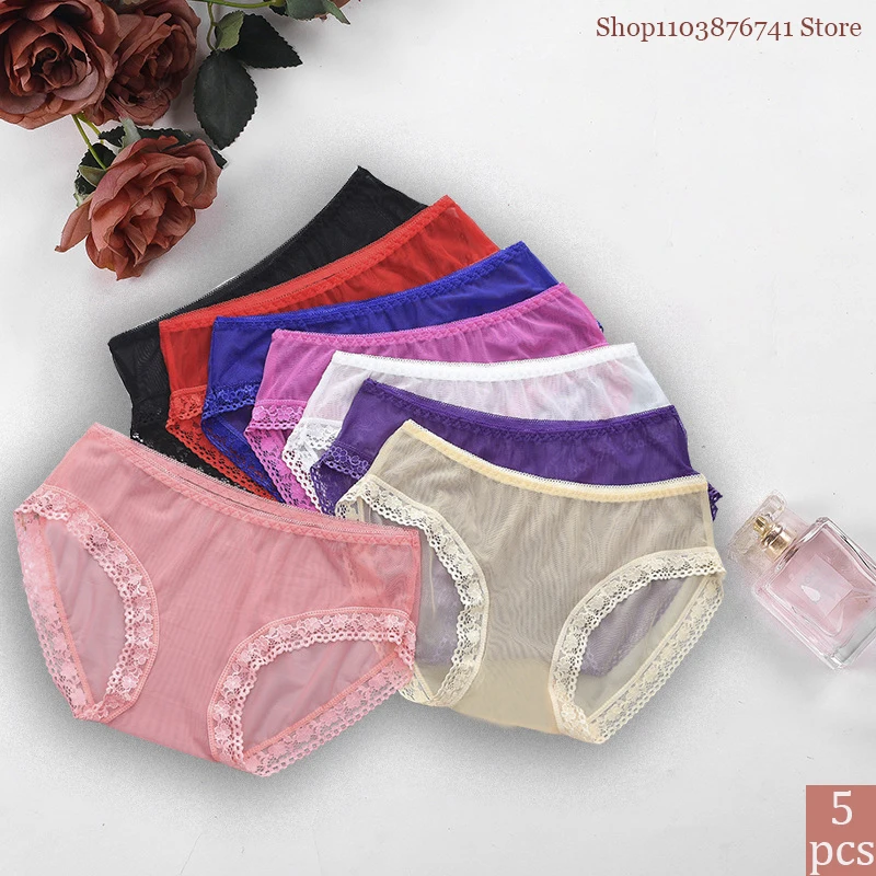 Women Sexy Transparent Ultra-thin Mesh Panties Ladies Full Sheer Panties Ultra-thin Non-marking Mid-waist Lace Trim Briefs Plus