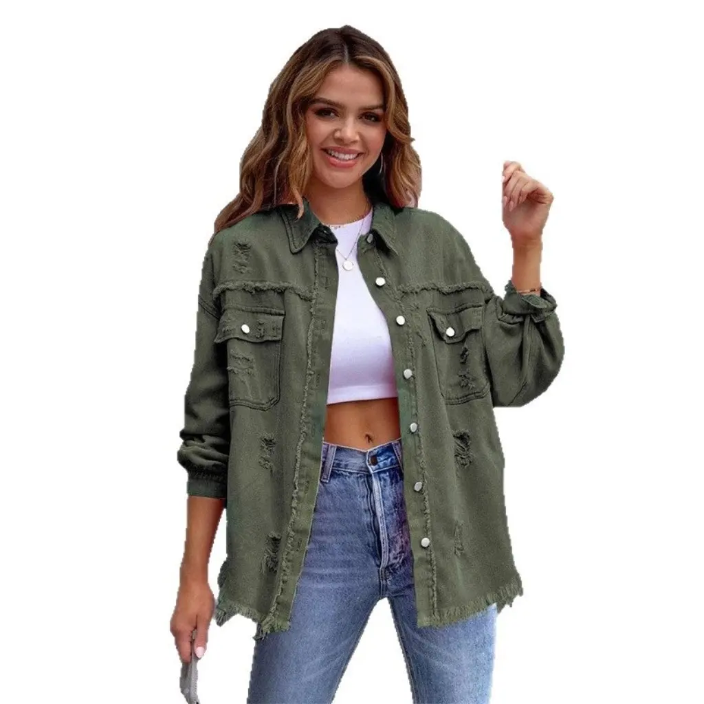 

Women's Mid-Length Ripped Denim Jacket Raw Edge Casual Lapel Top Long-Sleeved European American Style for Autumn Winter